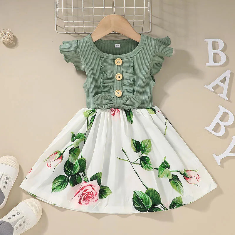 Sleevel summer dress for toddler girl in multiple colour options showing size range 80cm to 120cm