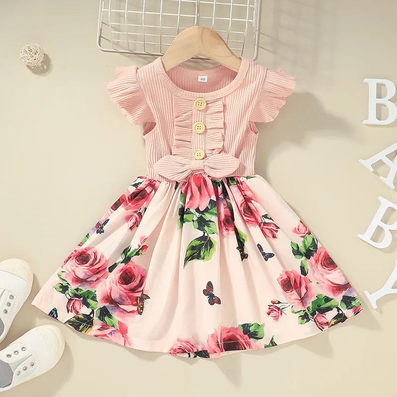 Sleevel summer dress for toddler girl in multiple colour options showing size range 80cm to 120cm