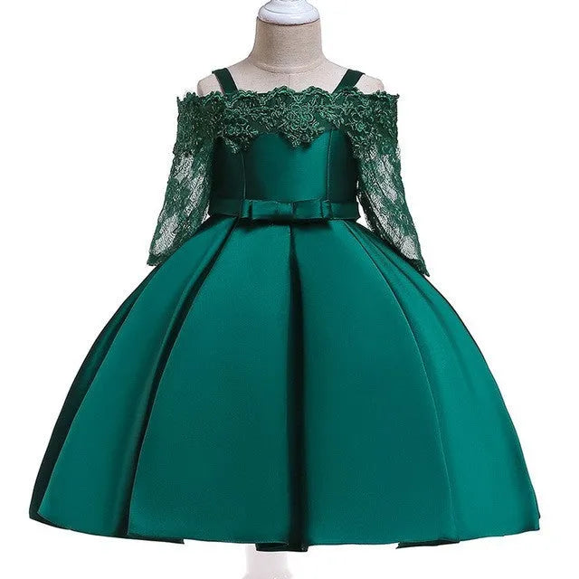 Simple style girls dress with lace trim in polyester fibre, shown in one of five colour options.