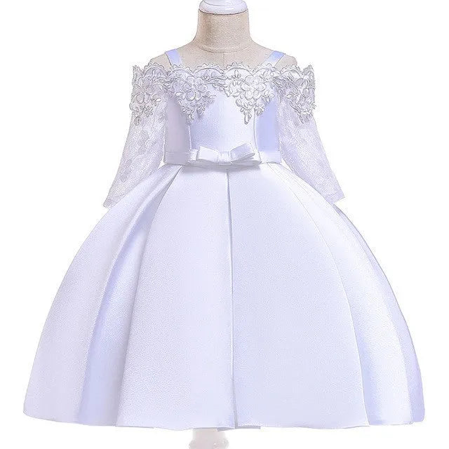 Simple style girls dress with lace trim in polyester fibre, shown in one of five colour options.