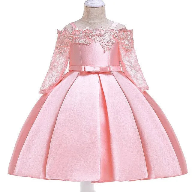 Simple style girls dress with lace trim in polyester fibre, shown in one of five colour options.