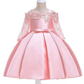 Simple style girls dress with lace trim in polyester fibre, shown in one of five colour options.