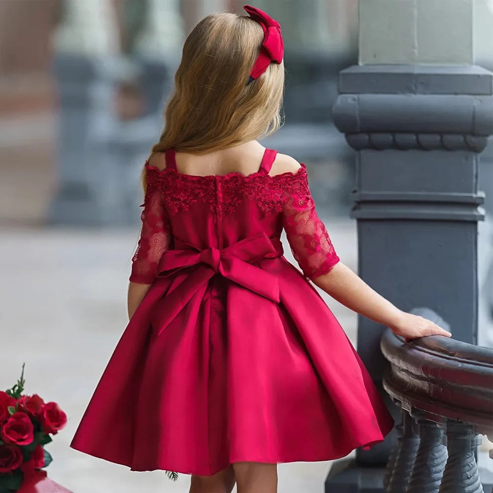 Simple style girls dress with lace trim in polyester fibre, shown in one of five colour options.