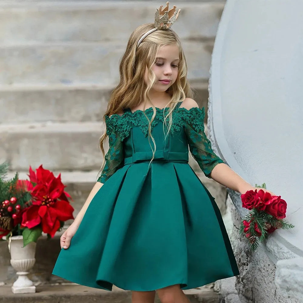 Simple style girls dress with lace trim in polyester fibre, shown in one of five colour options.