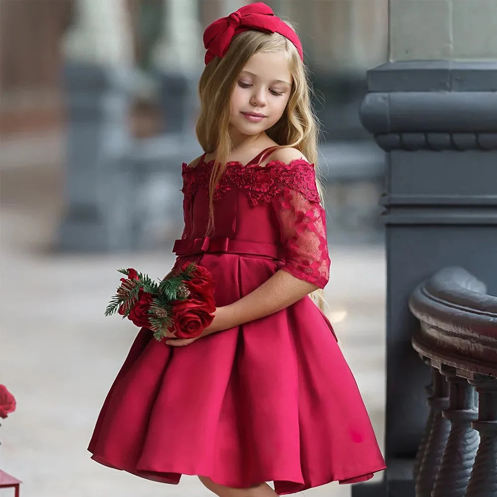 Simple style girls dress with lace trim in polyester fibre, shown in one of five colour options.