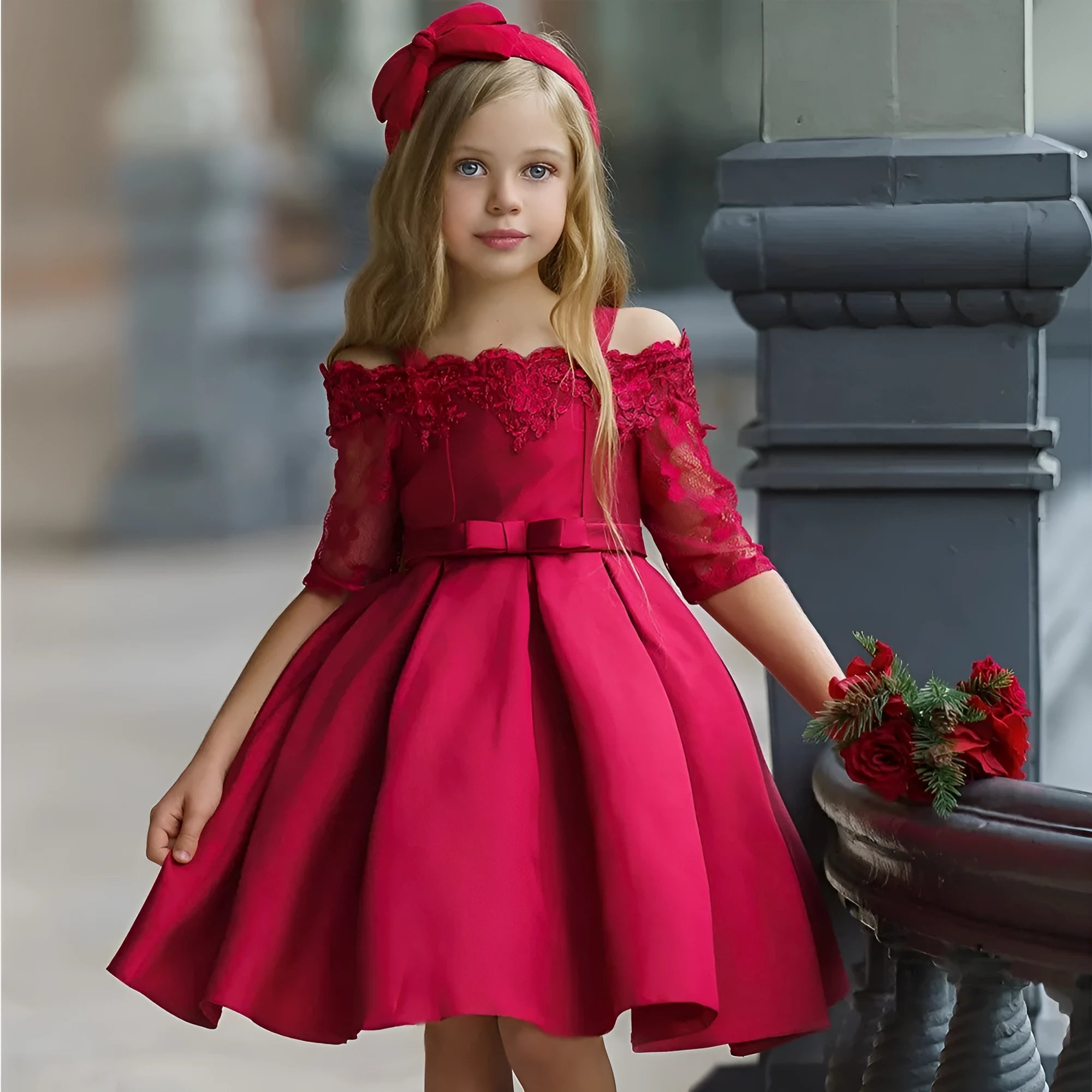 Simple style girls dress with lace trim in polyester fibre, shown in one of five colour options.