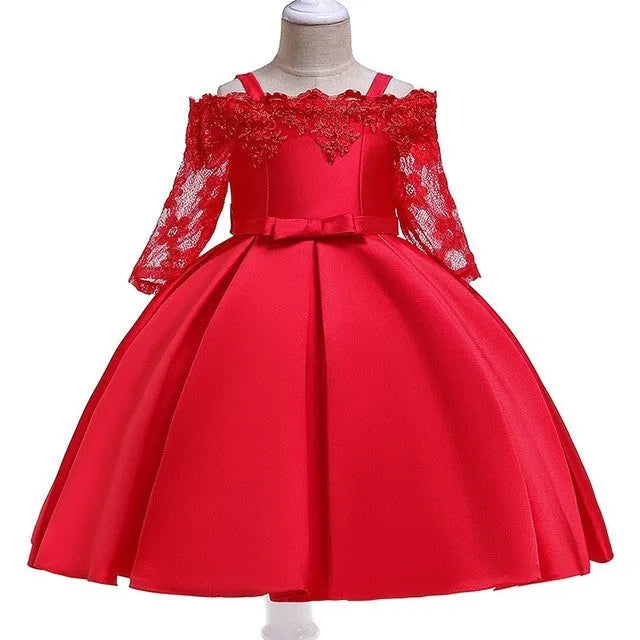 Simple style girls dress with lace trim in polyester fibre, shown in one of five colour options.