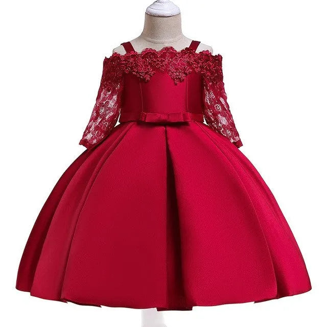 Simple style girls dress with lace trim in polyester fibre, shown in one of five colour options.