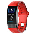 Black smart bracelet with touch screen displaying heart rate and body temperature data