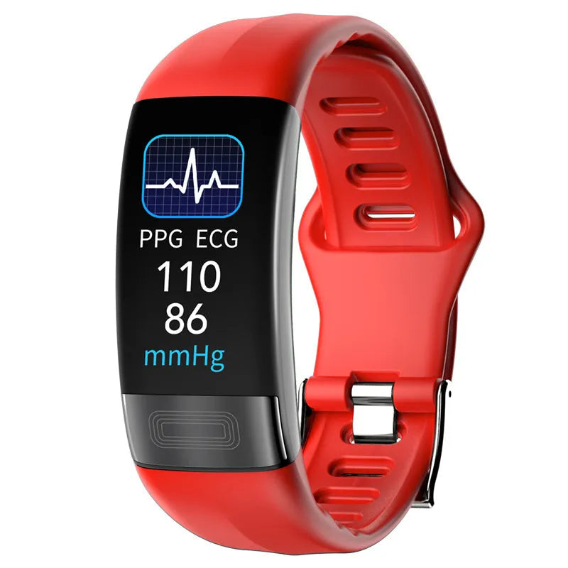Black smart bracelet with touch screen displaying heart rate and body temperature data