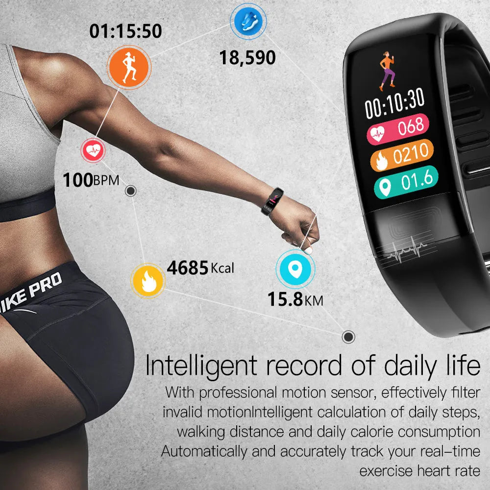 Black smart bracelet with touch screen displaying heart rate and body temperature data