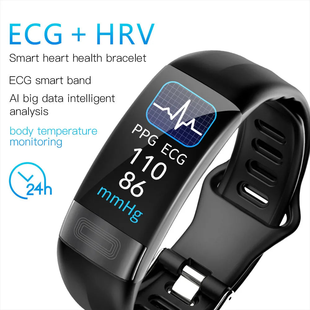 Black smart bracelet with touch screen displaying heart rate and body temperature data