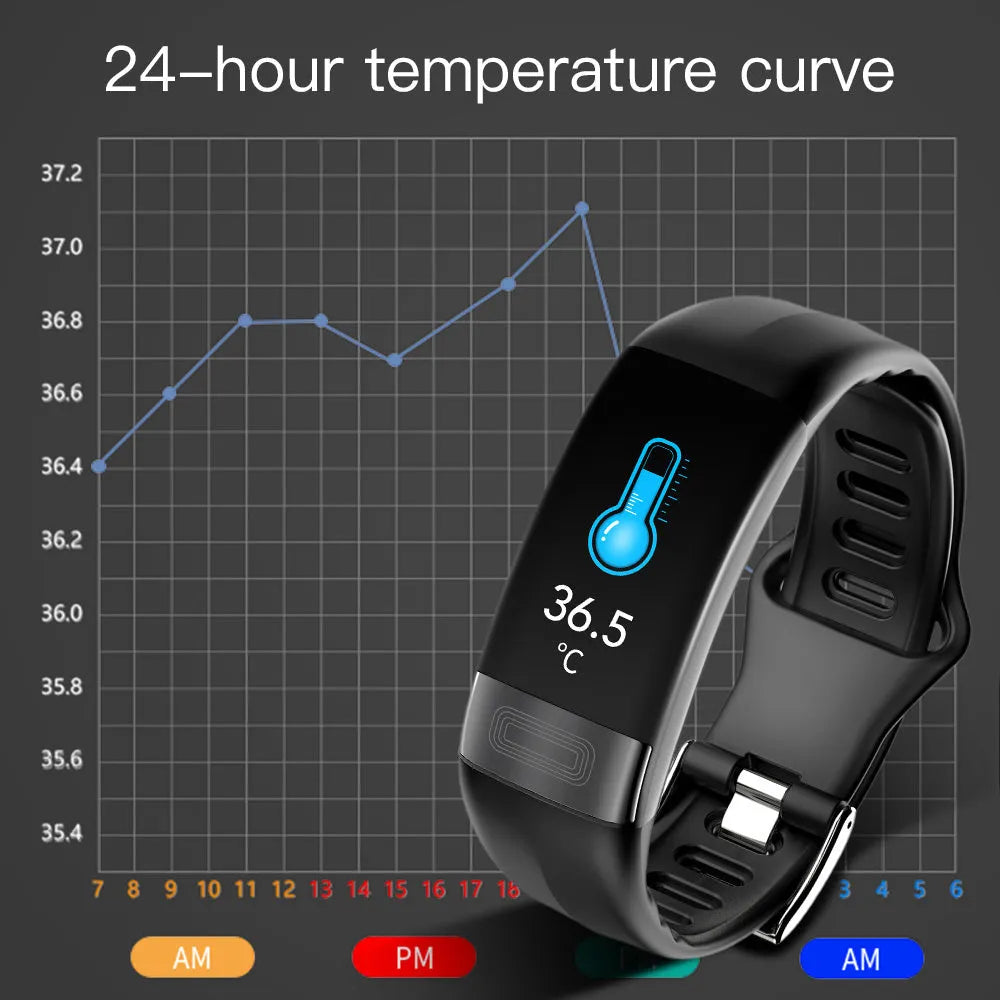 Black smart bracelet with touch screen displaying heart rate and body temperature data