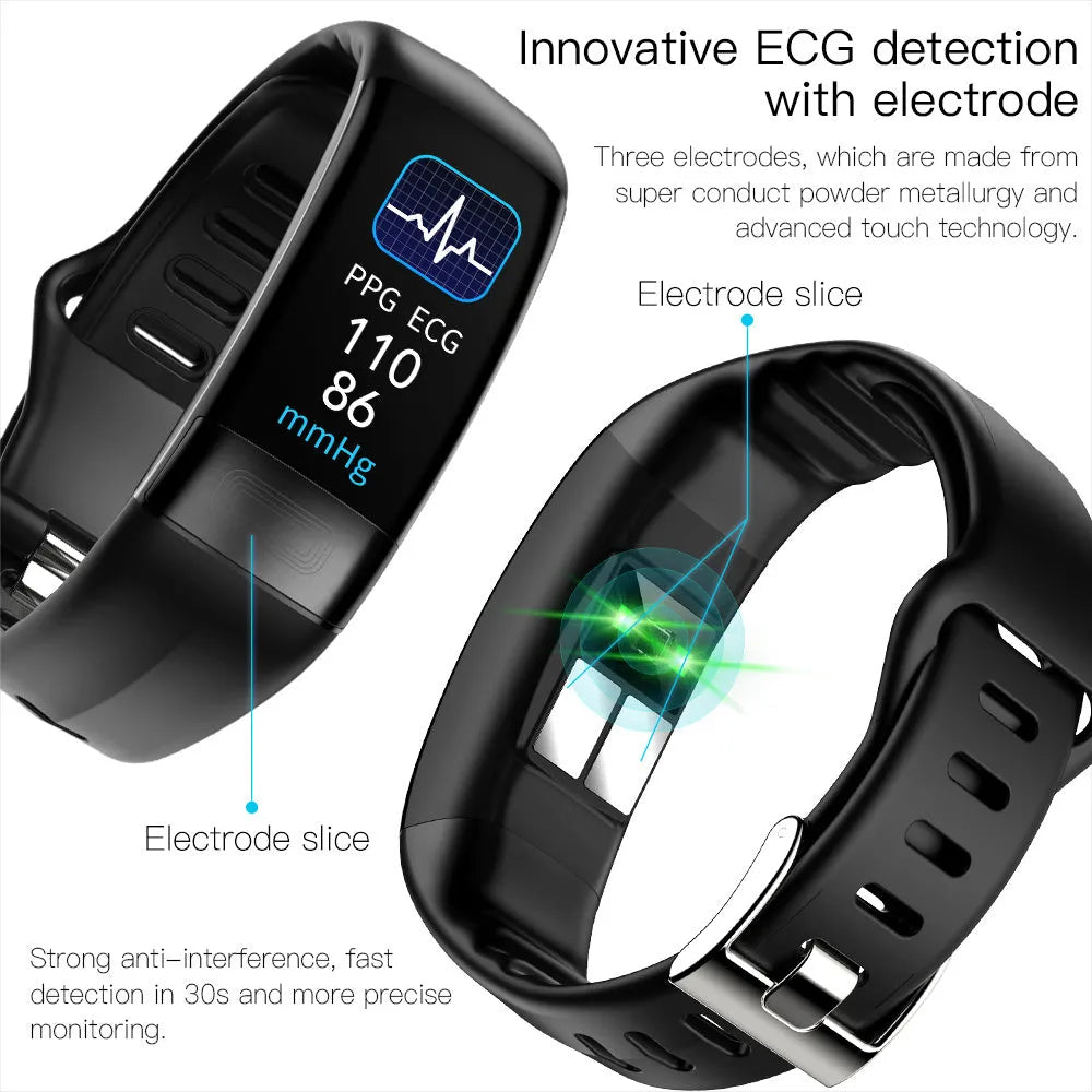 Black smart bracelet with touch screen displaying heart rate and body temperature data