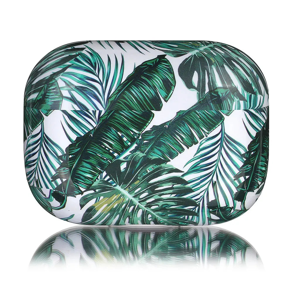 Blue TPU AirPods case with painted tropical banana leaves design
