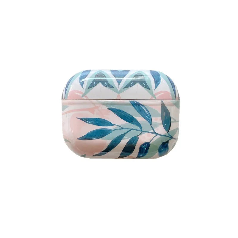 Blue TPU AirPods case with painted tropical banana leaves design