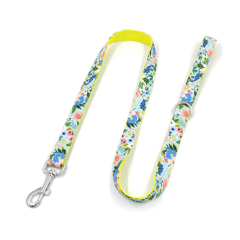 Yellow Midsummer Garden polyester dog leash and collar set on a white background, pack of 100, sizes XS to XL