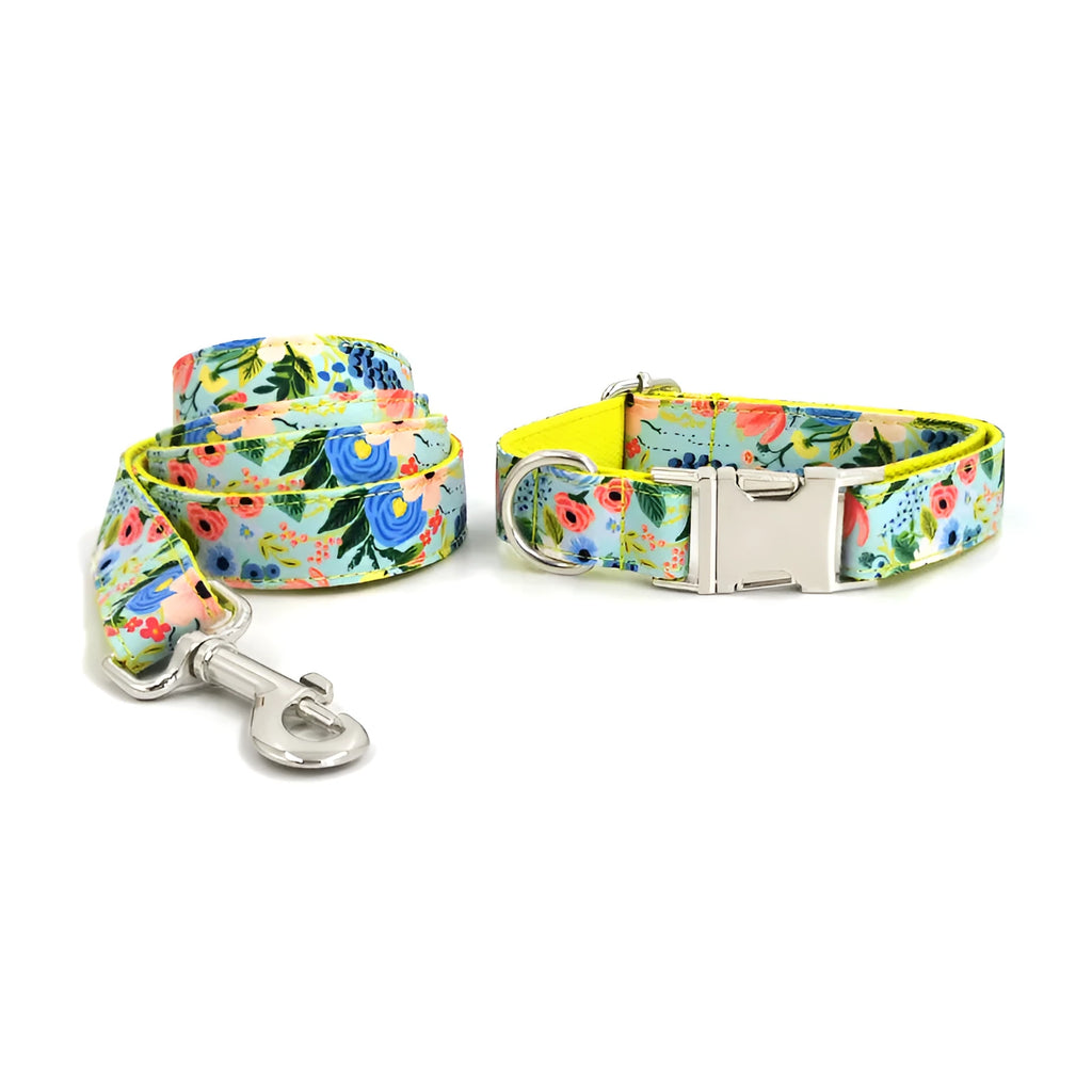 Yellow Midsummer Garden polyester dog leash and collar set on a white background, pack of 100, sizes XS to XL