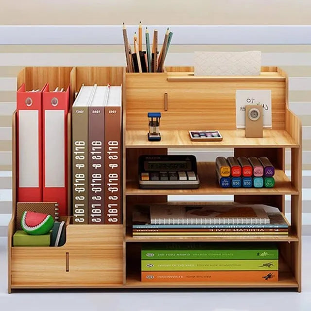 Wooden student desk organiser with bookshelf and stationery storage, 28x29x39cm, light brown