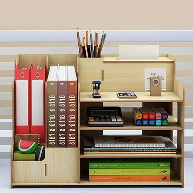 Wooden student desk organiser with bookshelf and stationery storage, 28x29x39cm, light brown