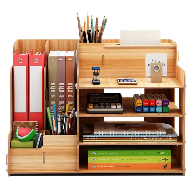 Wooden student desk organiser with bookshelf and stationery storage, 28x29x39cm, light brown