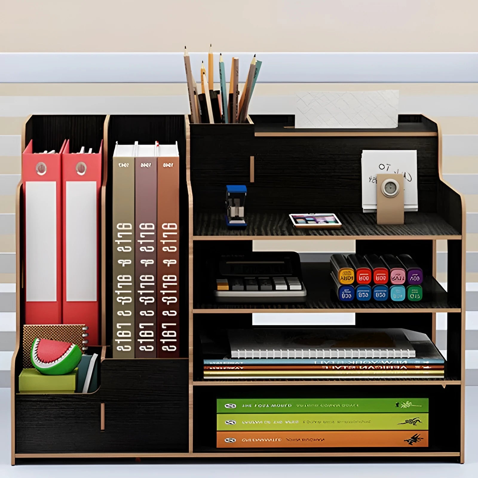 Wooden student desk organiser with bookshelf and stationery storage, 28x29x39cm, light brown