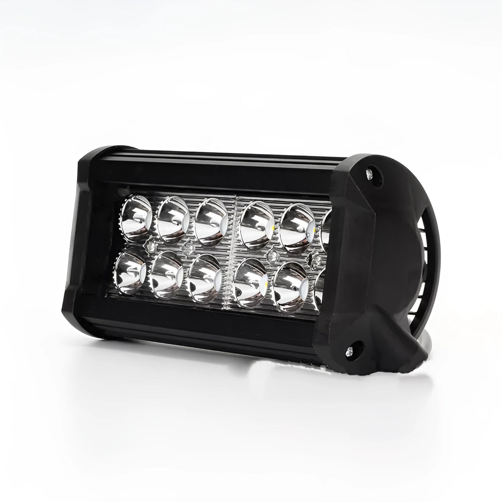 Black aluminium 36W LED work light with spotlight and floodlight optics, 165x70x80mm size, IP67 rated