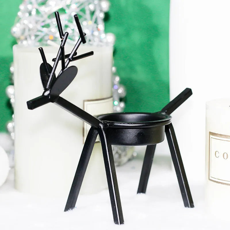 Black iron deer Christmas candlestick holder with elk bracket design and fabric accents
