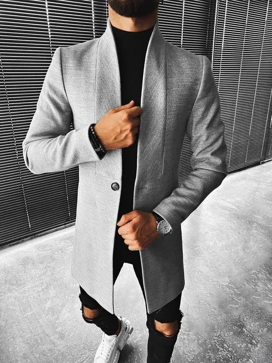 Men's stand-up collar mid-length woolen coat in grey, standard EU sizes XS to 4XL
