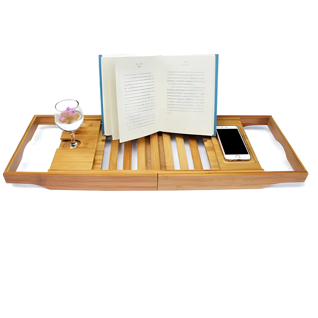 Bamboo bathtub storage frame with single-tier shelving for bathroom organisation