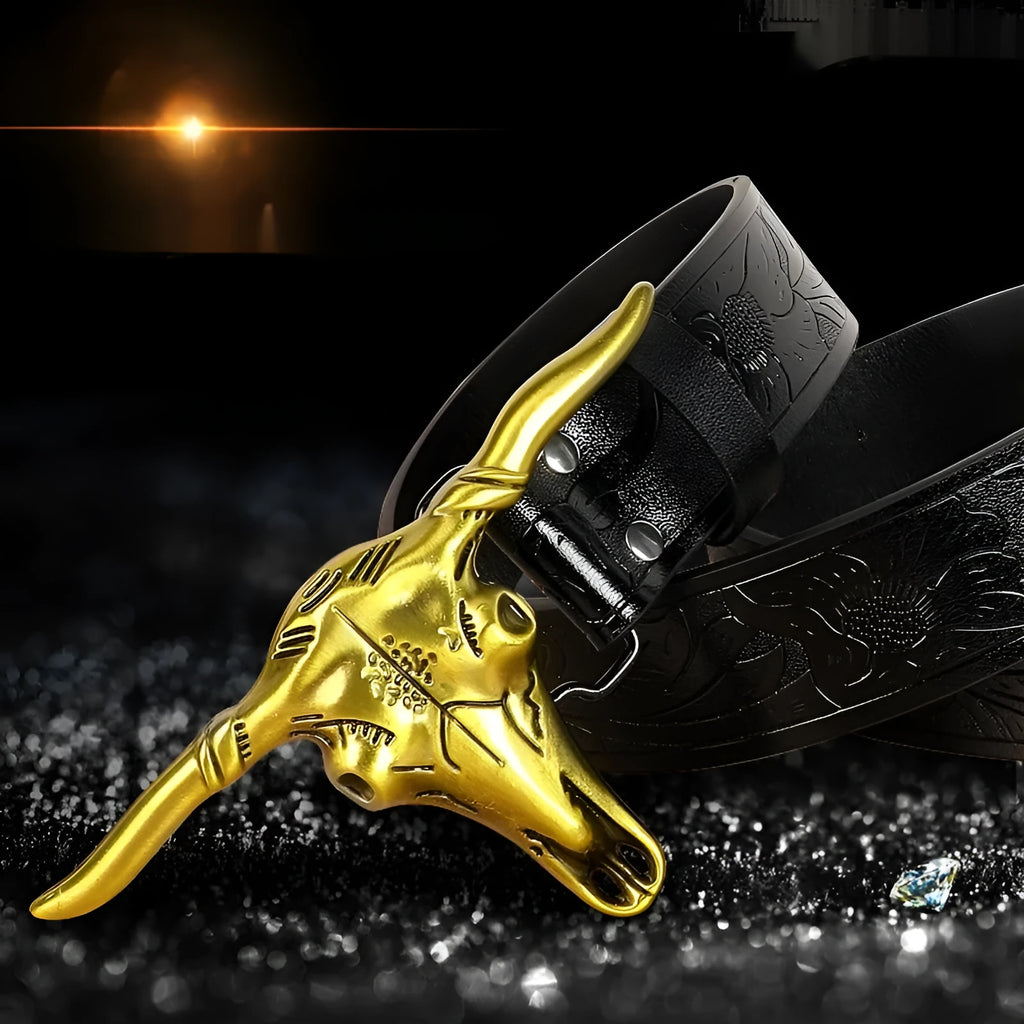 Men's imitation leather belt with cow head buckle design in black or brown colours