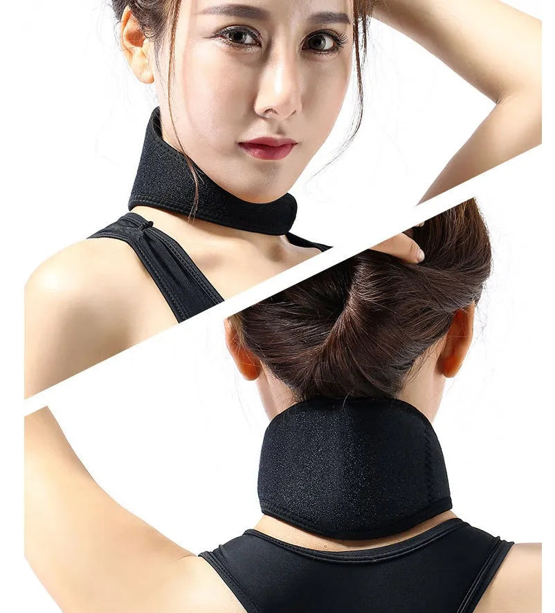 Black self-heating magnetic therapy neck guard with adjustable strap on a flat surface.