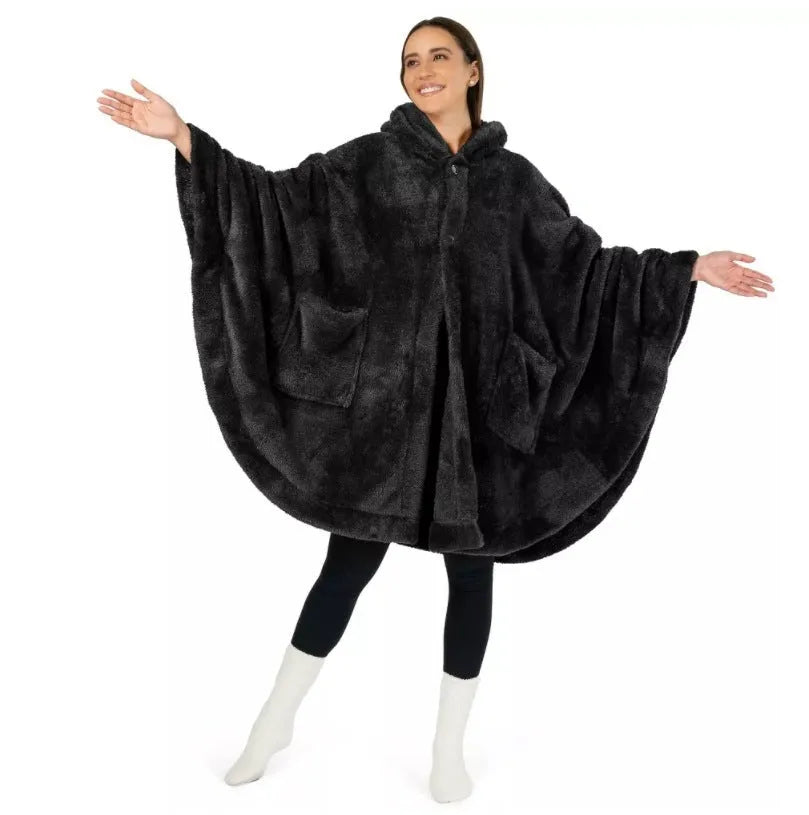 Thick hooded bathrobe in black colour with long sleeves and cardigan-style front