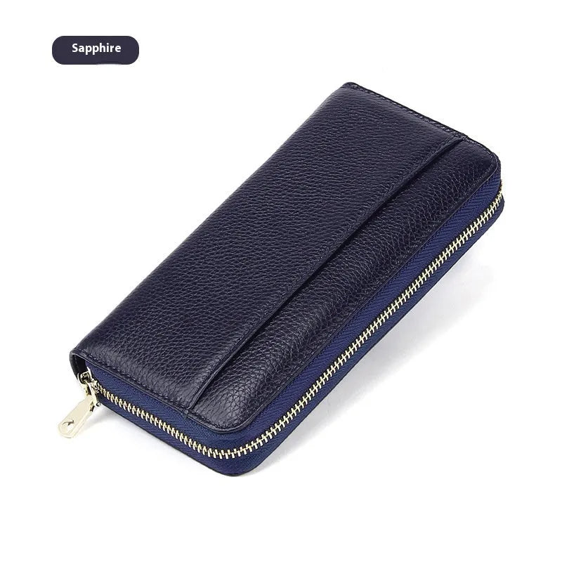 Women's long genuine leather wallet in multiple colours showing zip-around closure and anti-theft card slots.