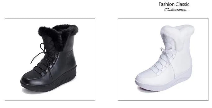 Black women's winter platform boots with lace-up front and plush lining on a white background.
