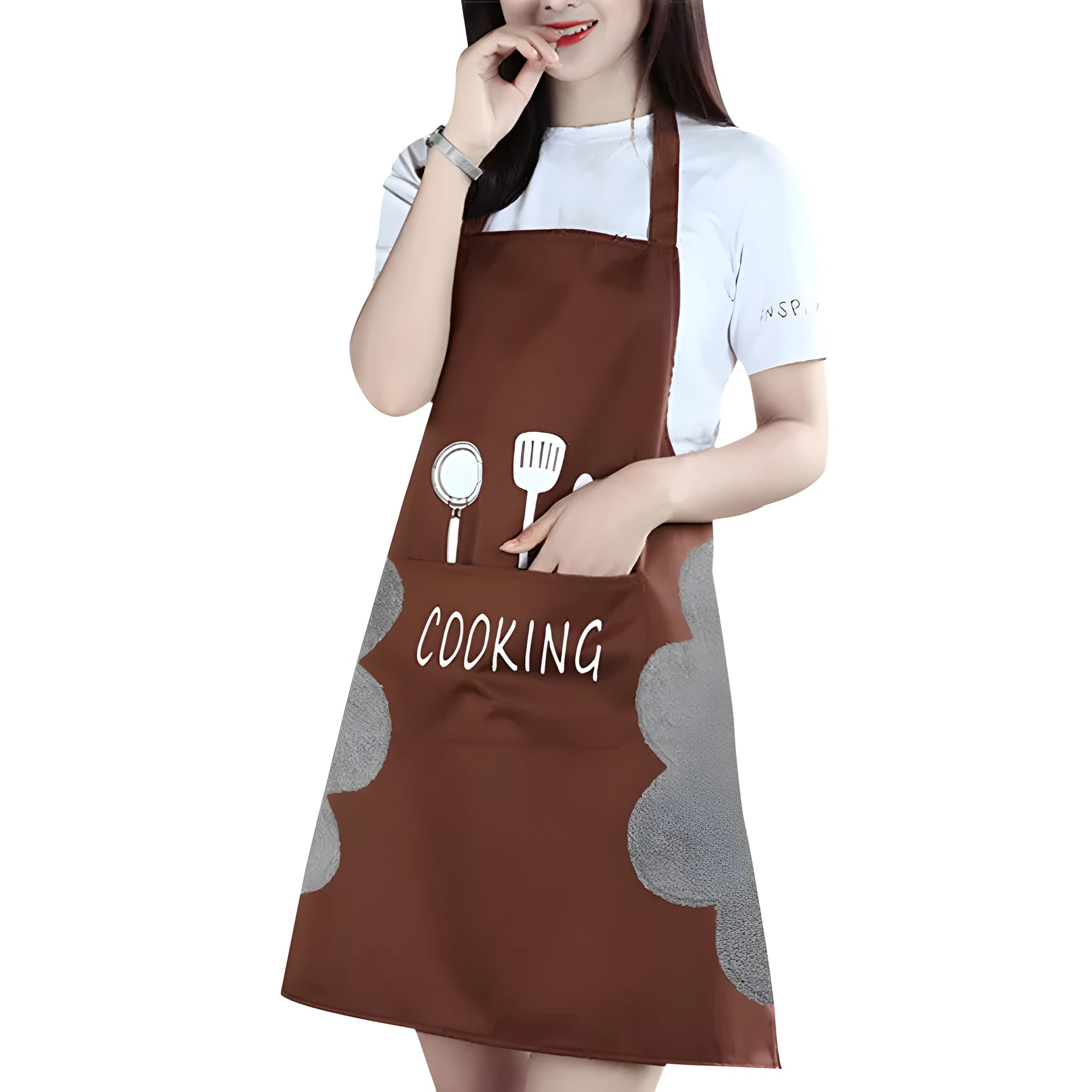 Waterproof Korean-style sleeveless kitchen apron with coral velvet lining.