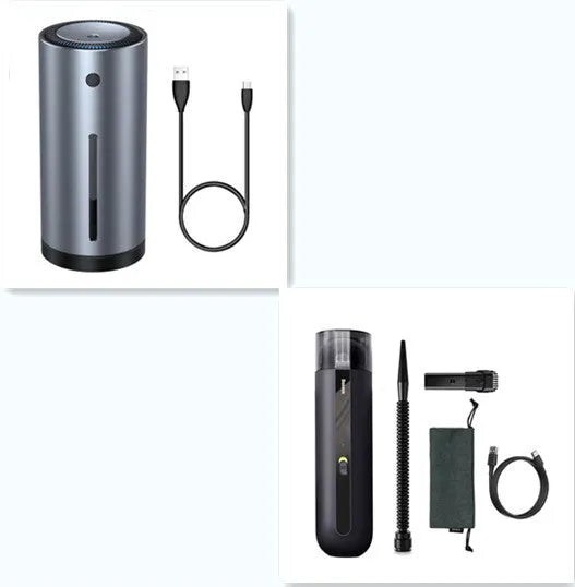 Black handheld wireless car vacuum cleaner with nozzle and blowing hose accessory