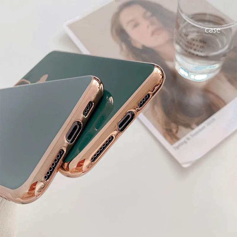 Solid colour TPU back cover phone case for iPhone, shown in Blue, Claret, Pink, and Green colour options.