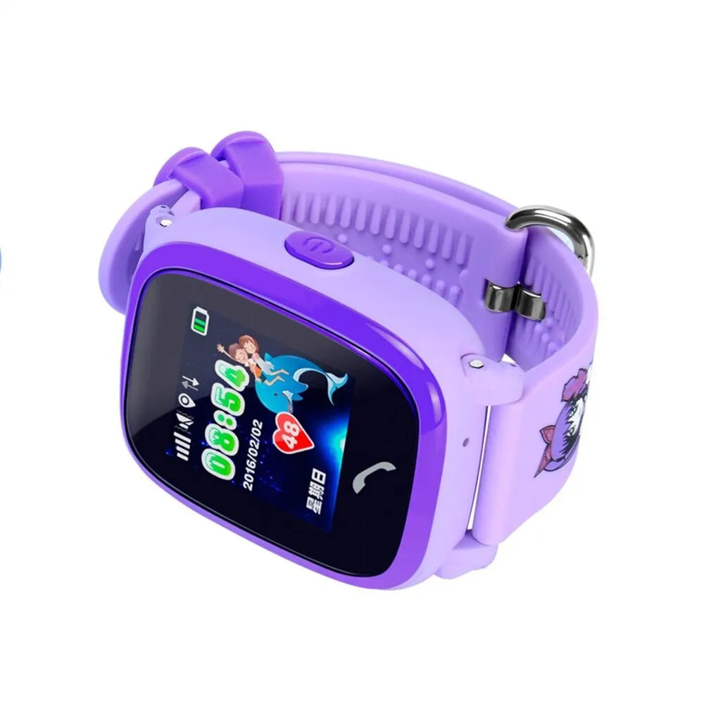 Blue DF25 children's waterproof smartwatch with touchscreen display and silicone strap on a wrist.