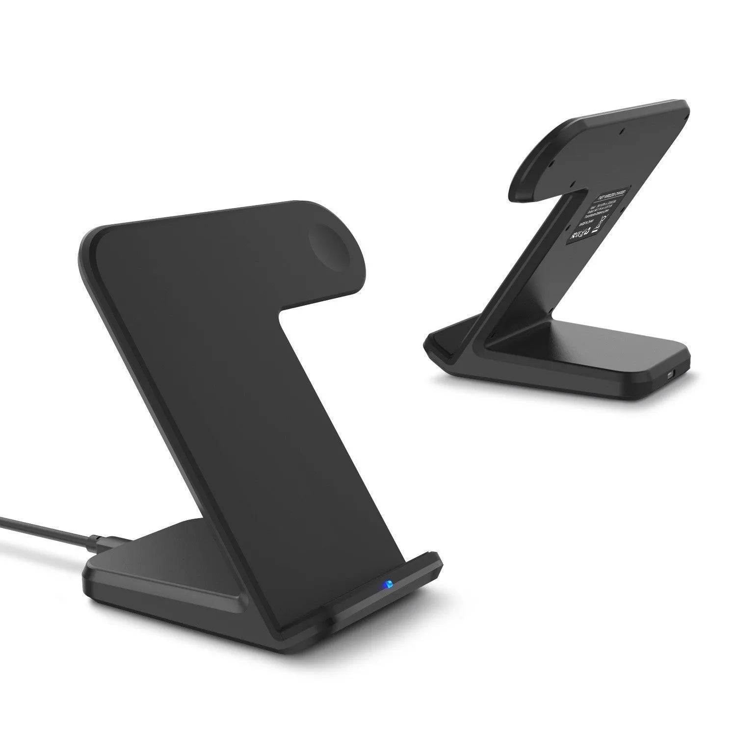 Black wireless phone charging stand with adjustable angle and integrated USB-C cable on a desk