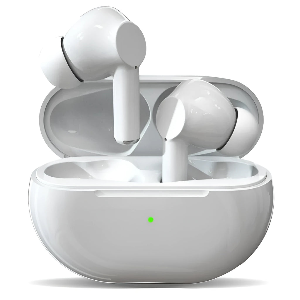 Black and white wireless Bluetooth earbuds with a compact charging case on a white background.