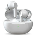 Black and white wireless Bluetooth earbuds with a compact charging case on a white background.