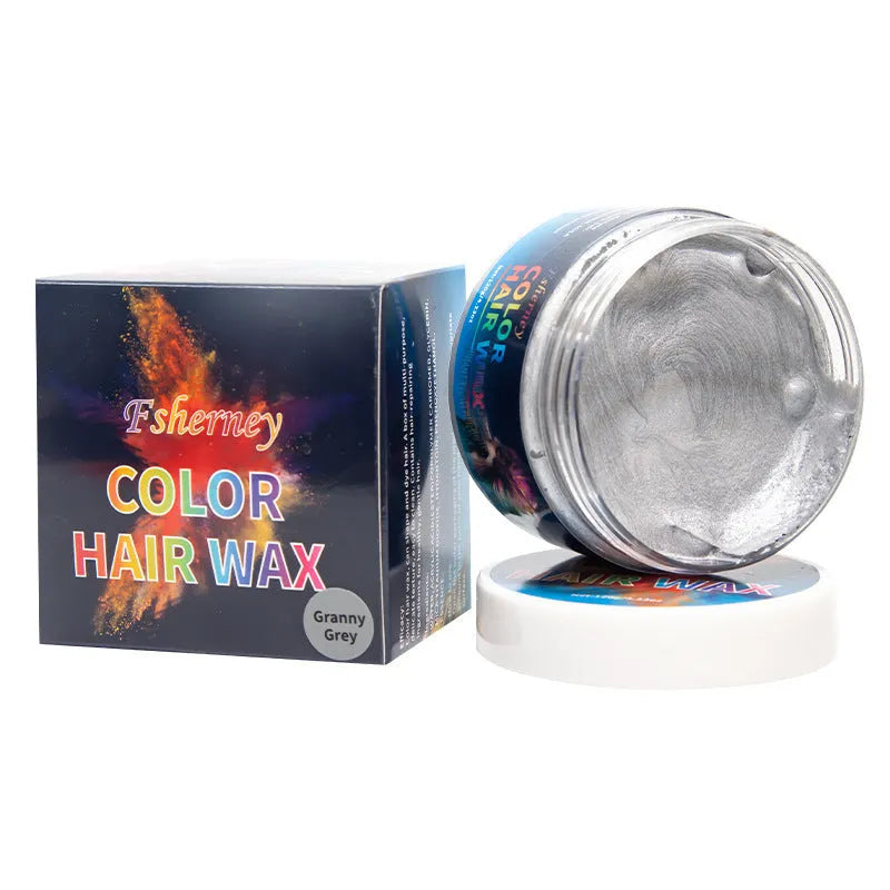 120g jar of hair styling clay showing colour options: blue, green, orange, red, white, yellow, purple, rose, granny grey.