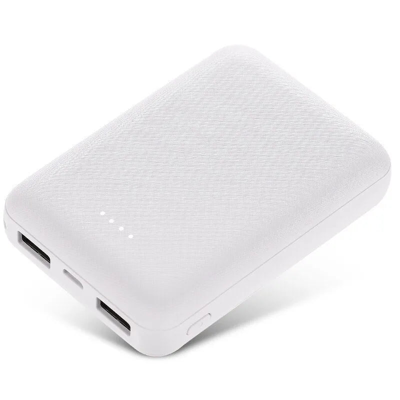 Black and white ultra-thin 10,000mAh power bank measuring 90x63x22mm with multiple USB ports