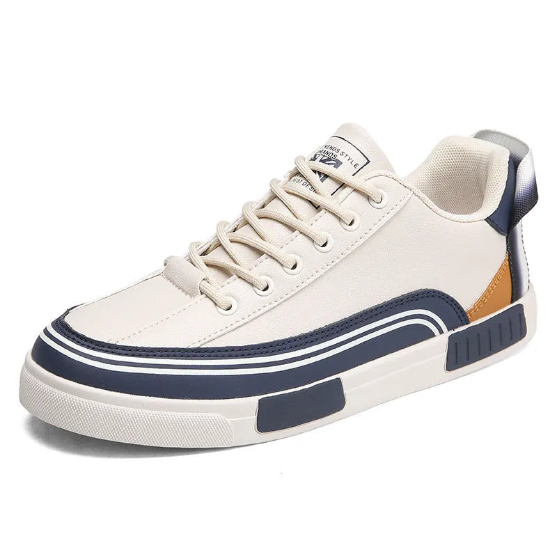 Men's beige and white canvas casual shoes with mesh sections, flat heel and round toe