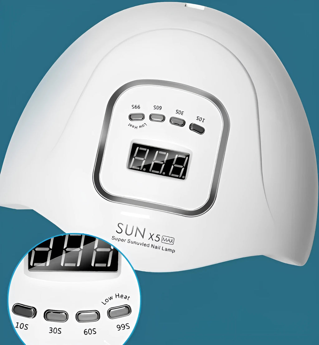 White nail drying lamp with UV and LED lights showing digital timer display