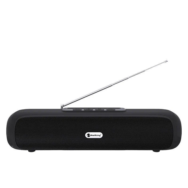 Long strip wireless desktop subwoofer speaker in black, showing Bluetooth and FM radio functions.