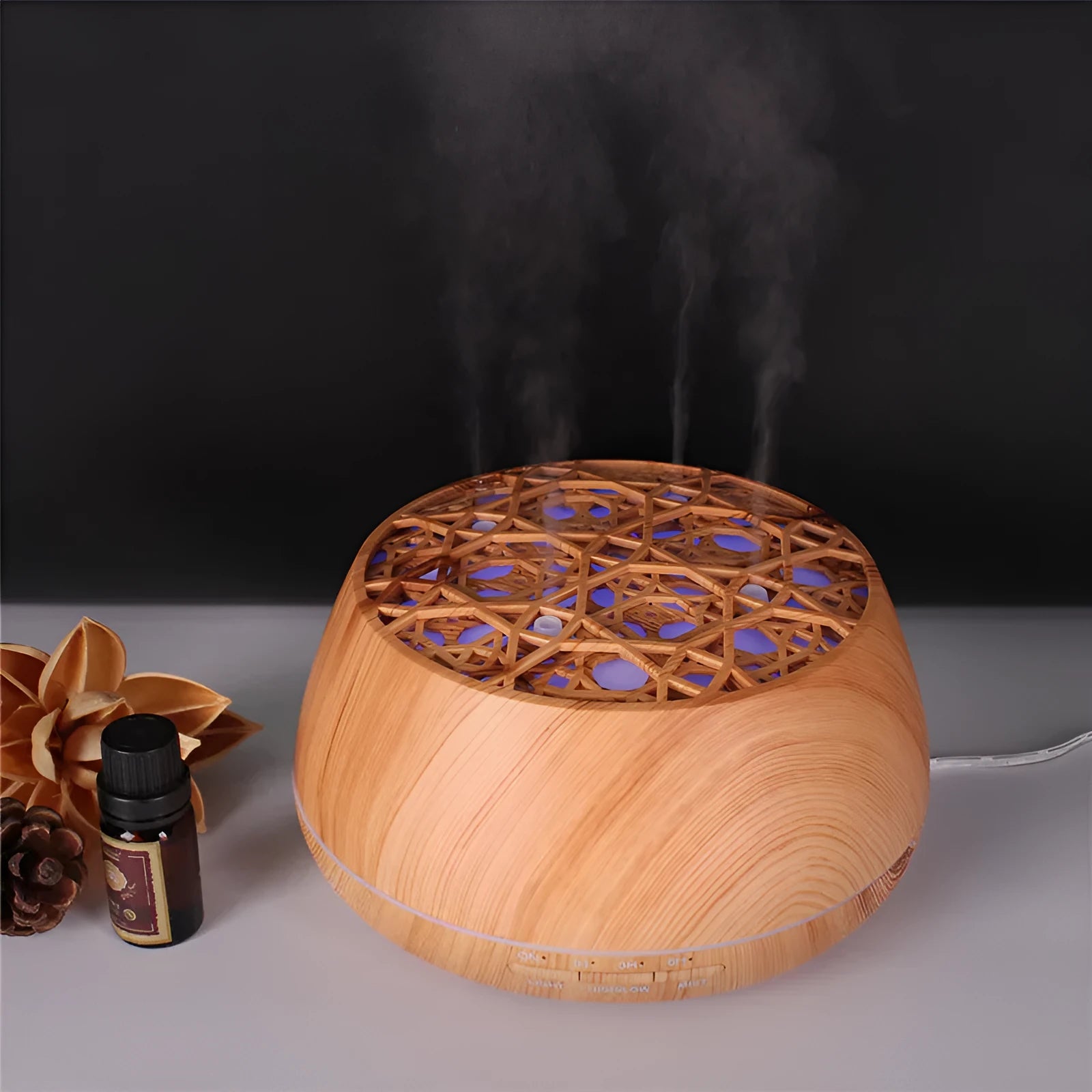 Medium 178x97mm ultrasonic aroma diffuser with four-hole mist output, 400ml capacity, dark wood grain finish, timer controls