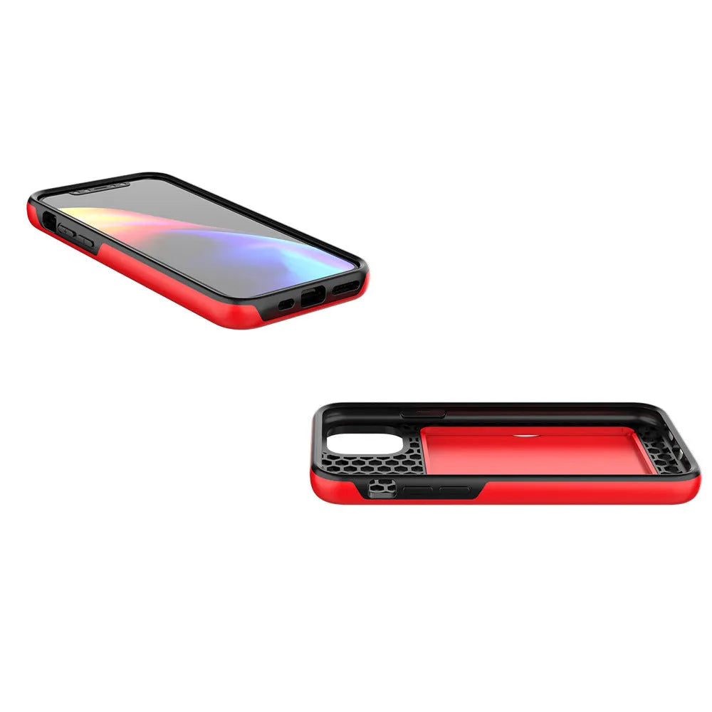 iPhone 11 protective case in TPU+PC material showing black, red, pink, dark blue, blue, and purple colour options