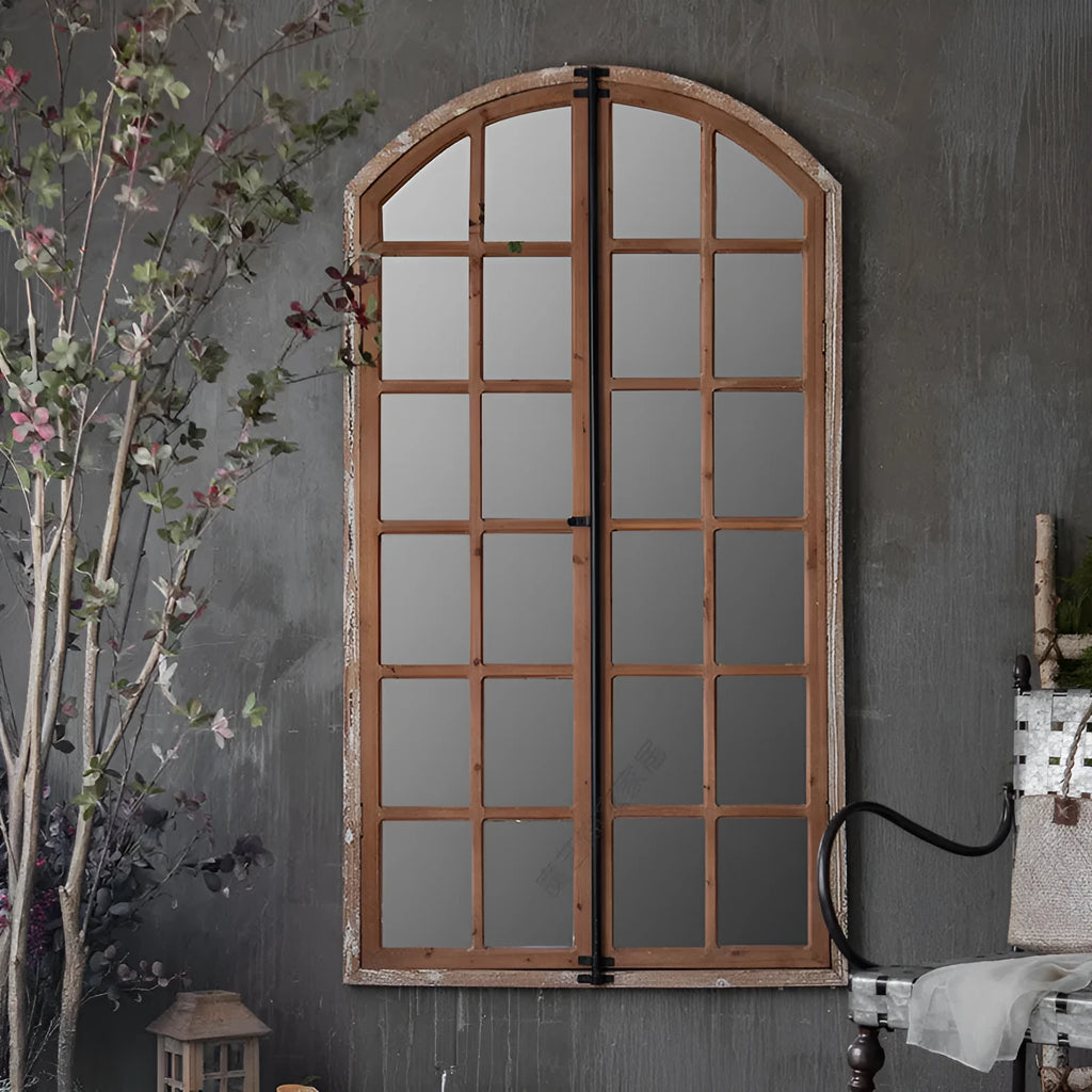 Terrace style distressed wooden frame wall mirror with log colour finish and glass panels